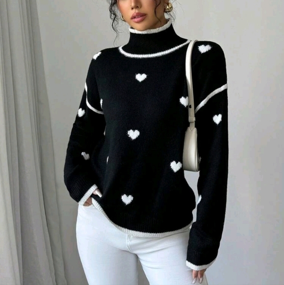 Women's Casual Loose Romantic Lover Heart Jacquard Pullover Sweater, Perfect for - Picture 1 of 6